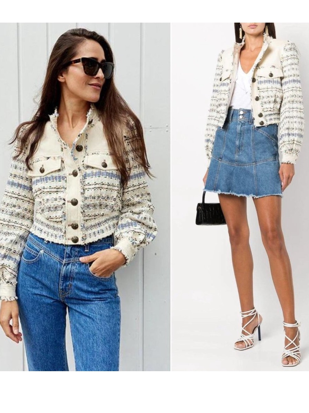 Veronica Beard Darren Tweed Cropped Denim Twill Paneled Blue Ivory Jacket Sz 6 - Picture 2 of 8